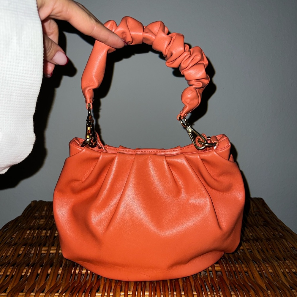 Orange Ruched Top-Handle Bag